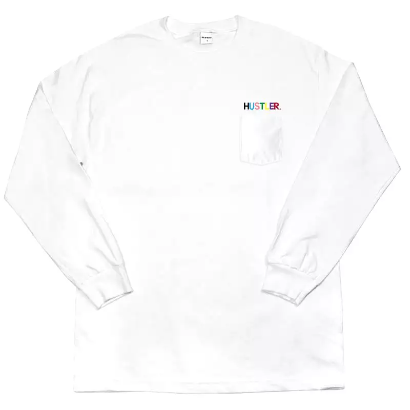 40s & Shorties Hustler Logo Embroided LS Tee w Pocket White.