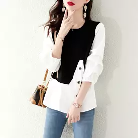 Contrasting color patchwork lantern sleeve women's shirt