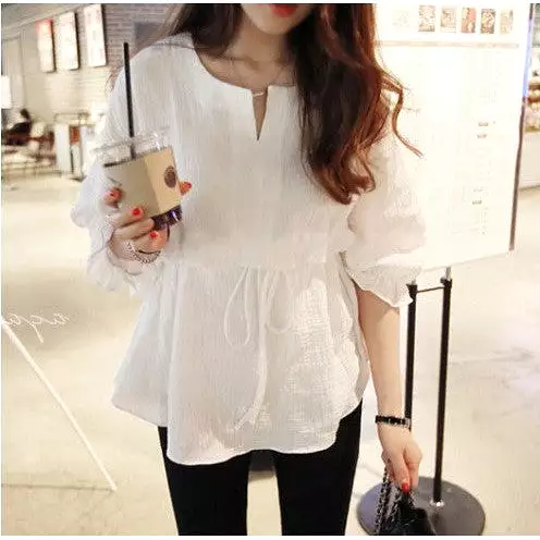 Cotton and Linen Waist Top Small Fresh Shirt for Women