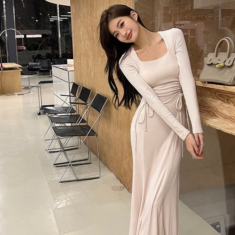 Cream Double String Cinch Long Dress