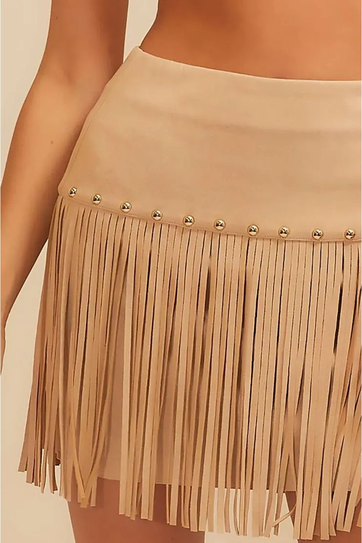 Dyani Tan Suede Fringe Mini Skirt