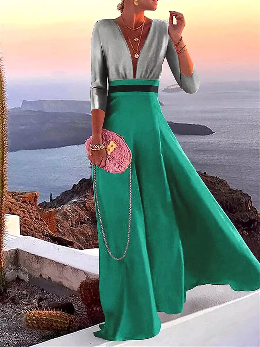 Elegant Color Block Patchwork V Neck Maxi Dress with 3/4 Sleeve