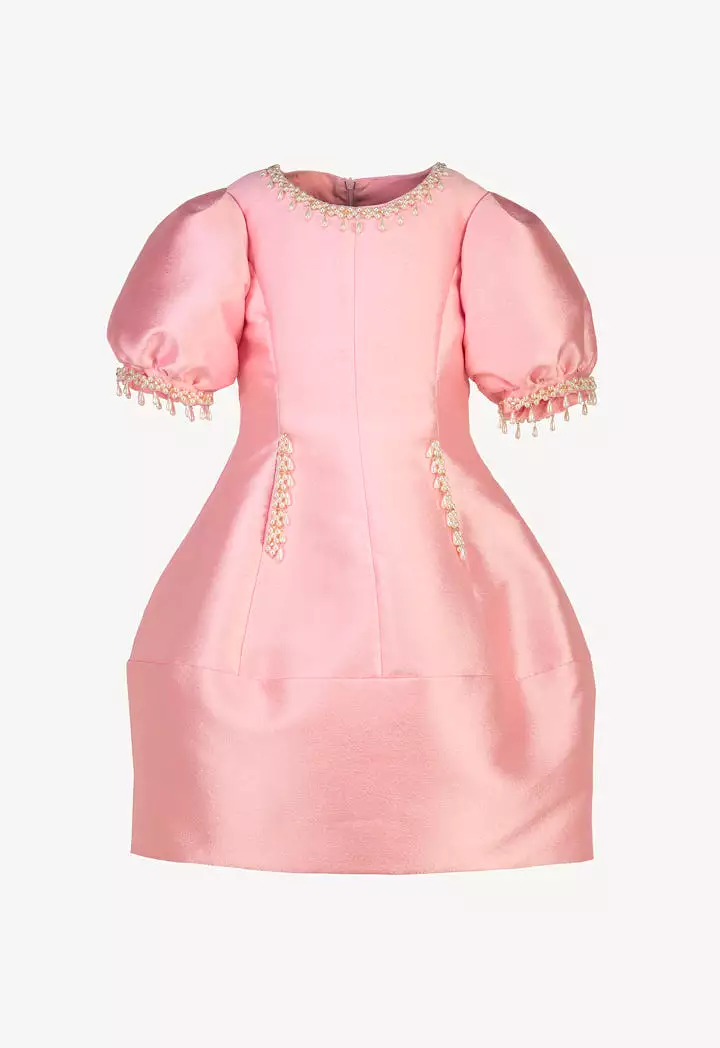 Elegant Drop Pearl Embellish Neck Puff Dress