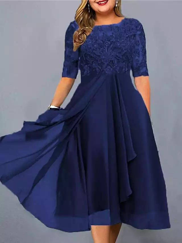 Elegant Plus Size Lace Midi Dress with Crew Neck and Half Sleeves