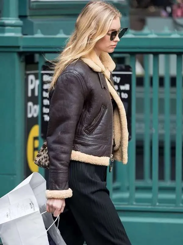 Elsa Hosk Brown B3 Shearling Leather Jacket - New American Jackets