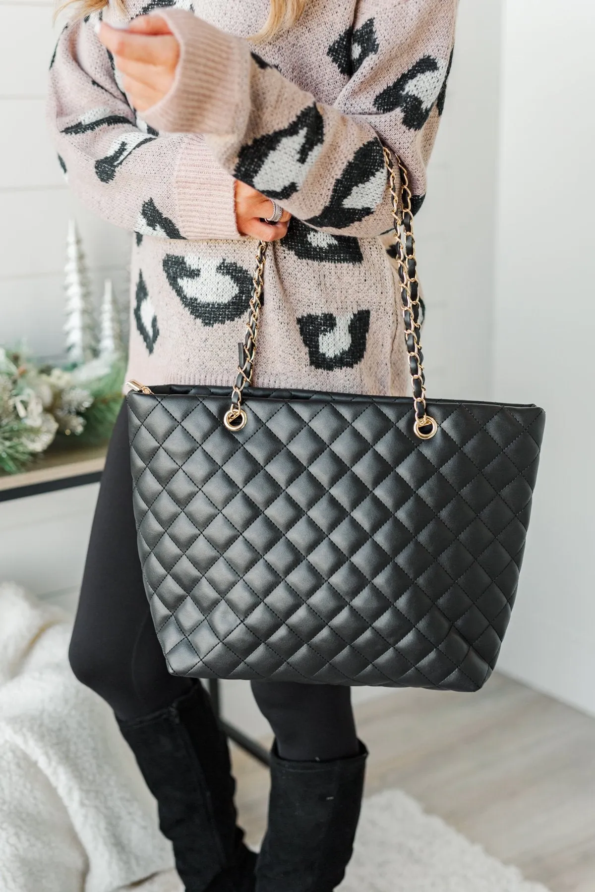 Everyday Quilted Tote Purse- Black