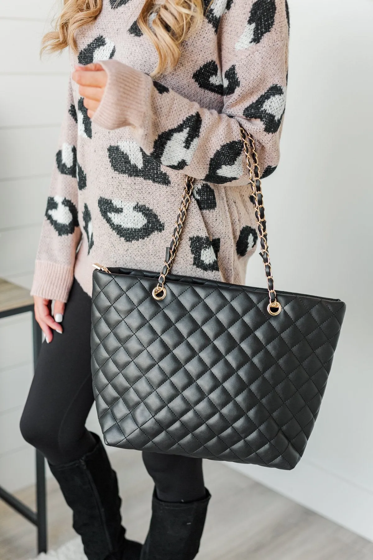 Everyday Quilted Tote Purse- Black