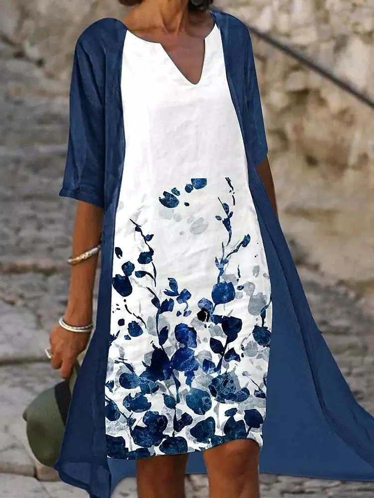 Floral Print Two Piece Blue Midi Dress with Half Sleeves