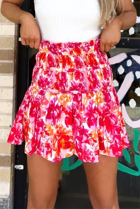 Floral Tiered Ruffle Mini Skirt - Orange