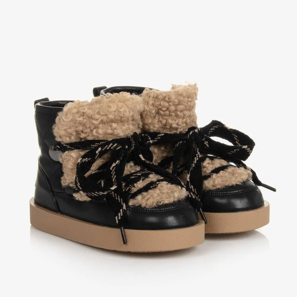 Girls Black Quilted Faux Shearling Boots