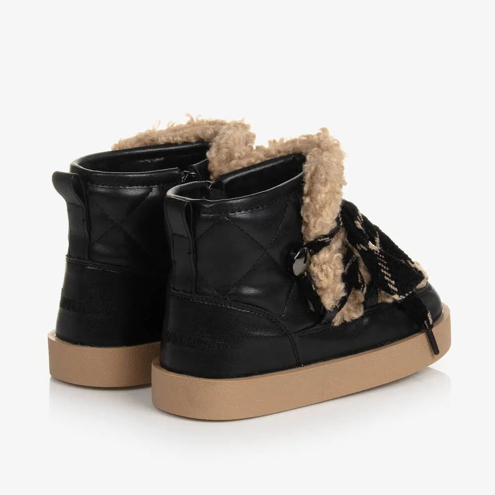 Girls Black Quilted Faux Shearling Boots