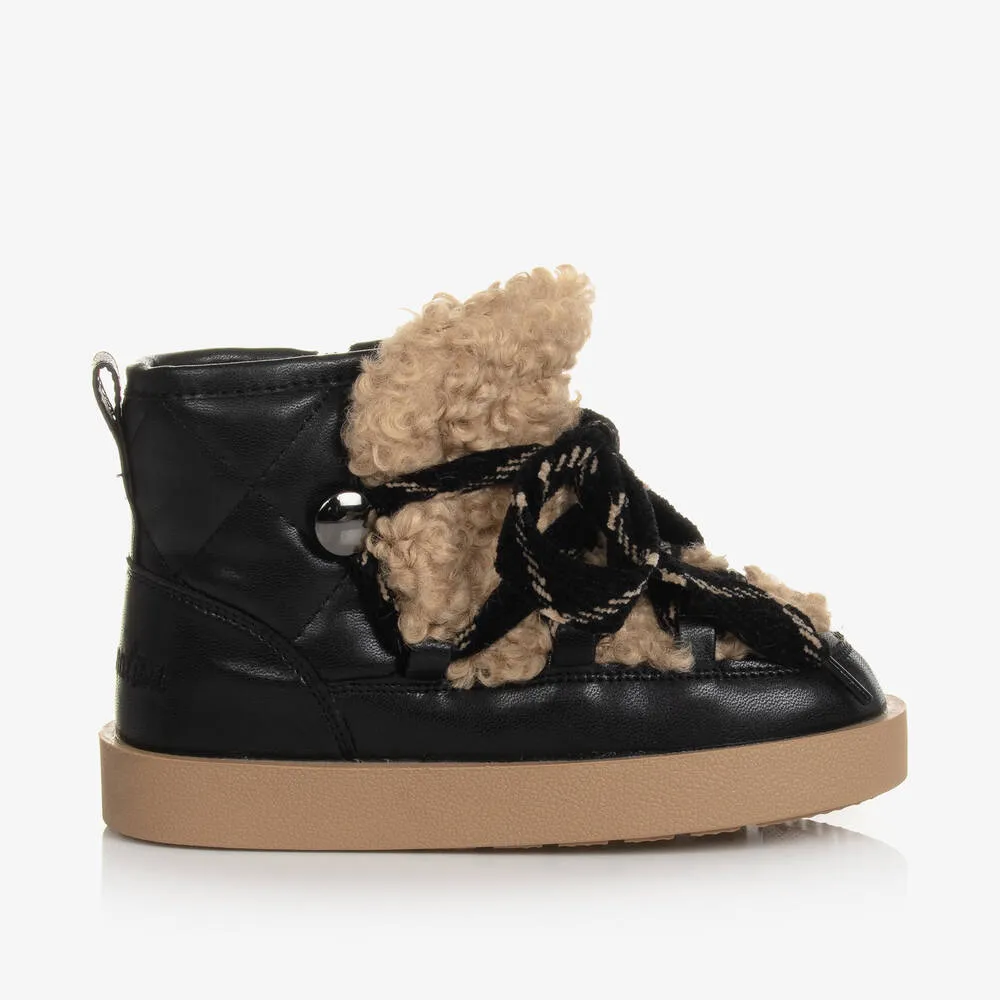 Girls Black Quilted Faux Shearling Boots