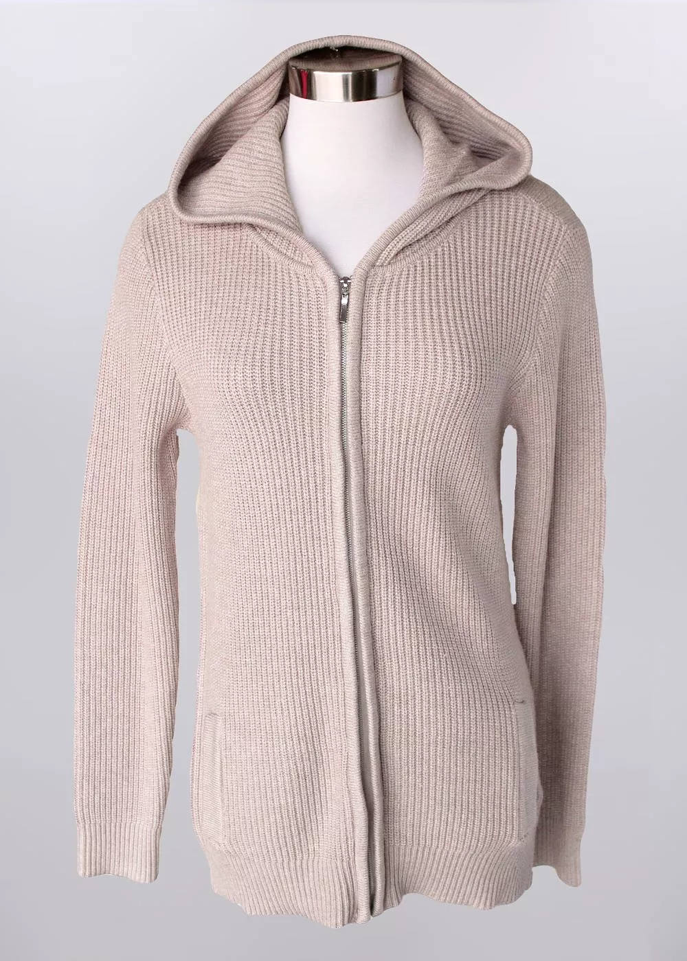 'Keren Hart' Women's Full Zip Knit Hooded Sweater - Khaki