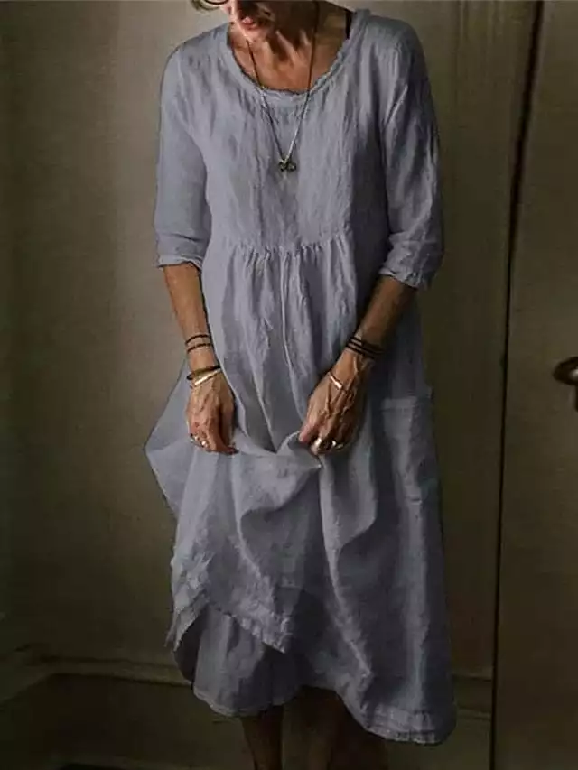 Ladies' Comfortable Linen Midi Dress with Half Sleeves and Pockets