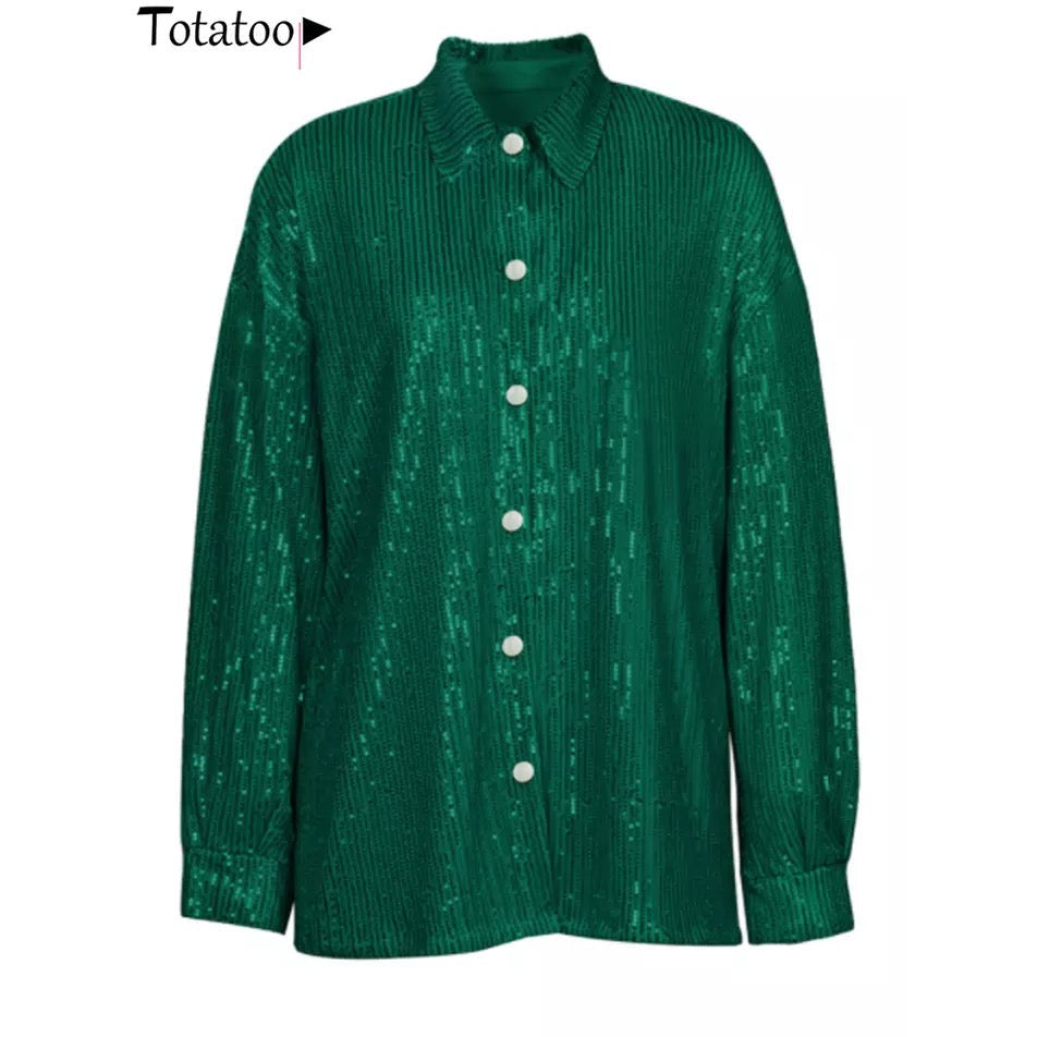 Long Sleeve Buttoned Sequin Shirt