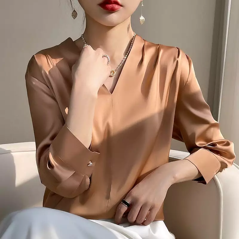 Long-sleeved silk top satin chiffon V-neck shirt for women