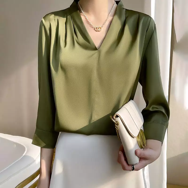 Long-sleeved silk top satin chiffon V-neck shirt for women