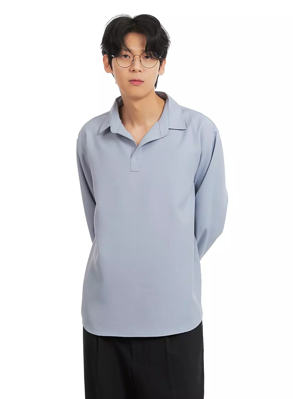 Men's Solid V-Neck Long Sleeve Shirt IA401