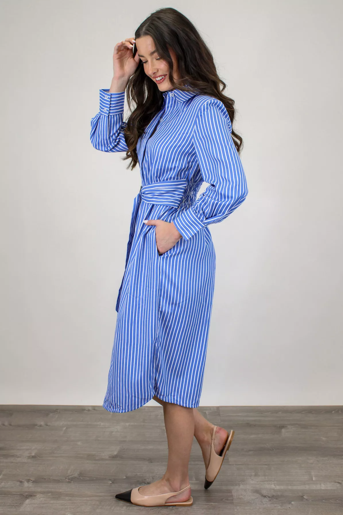 Mint Julep Stripe Midi Dress in Blue