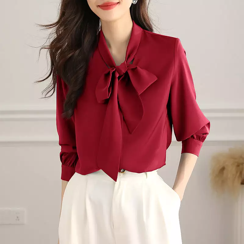 New bow high-end fashion ribbon chiffon shirt for women