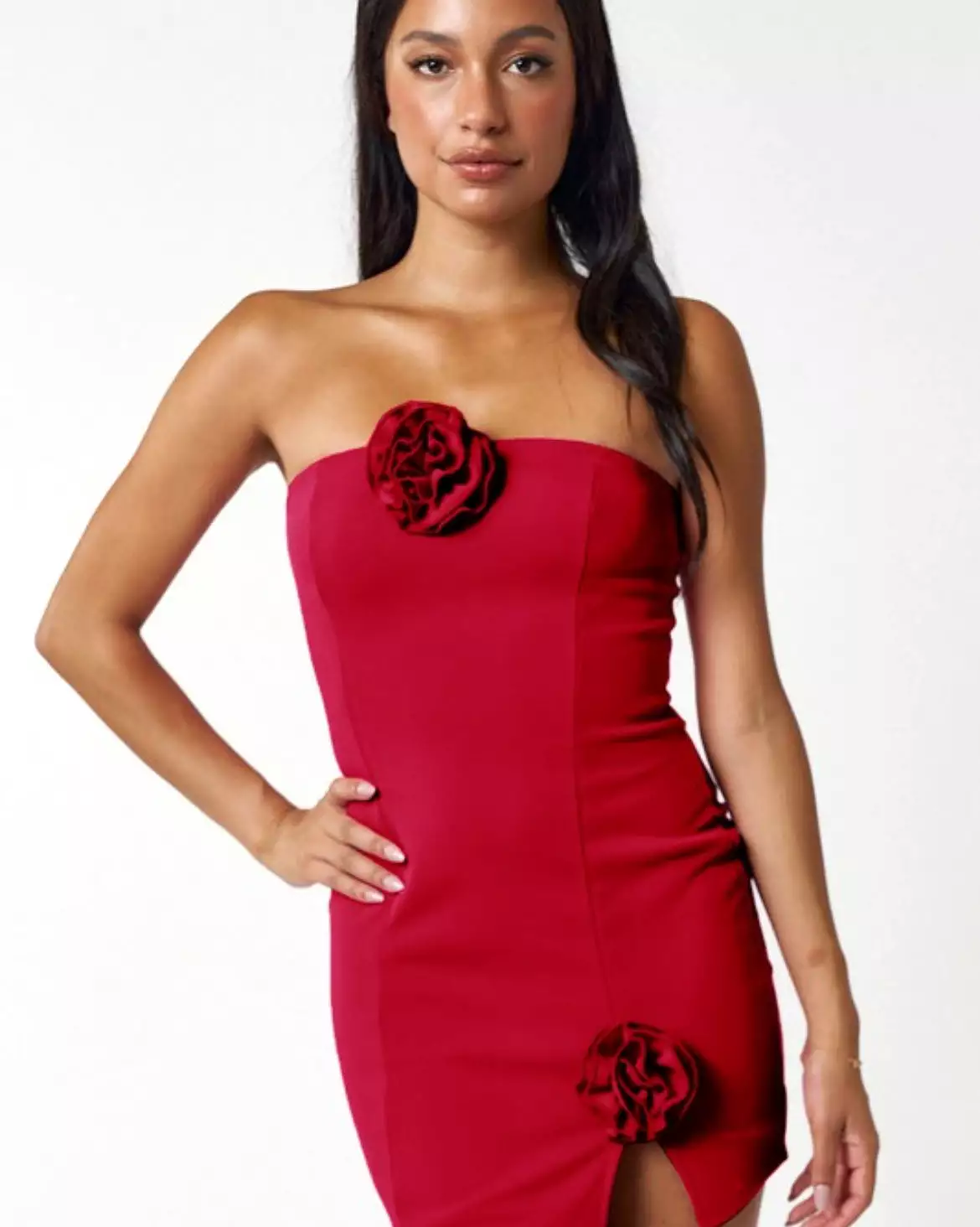 Rosette Strapless red mini bodycon dress