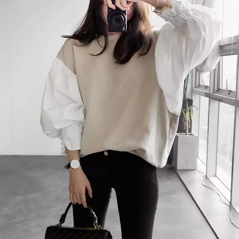 Round Neck Lantern Sleeve Shirt Splicing Women's Top