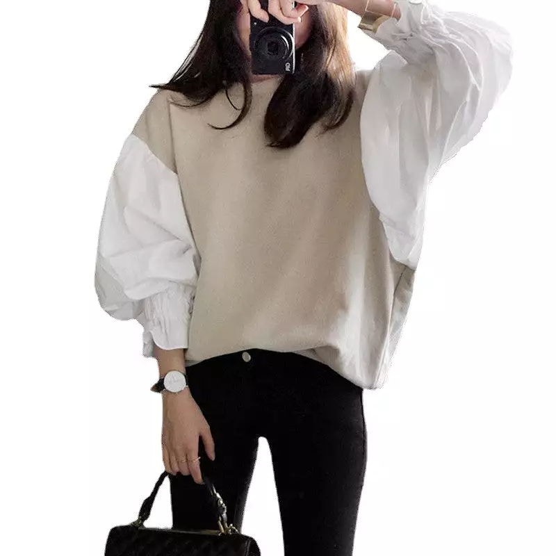 Round Neck Lantern Sleeve Shirt Splicing Women's Top