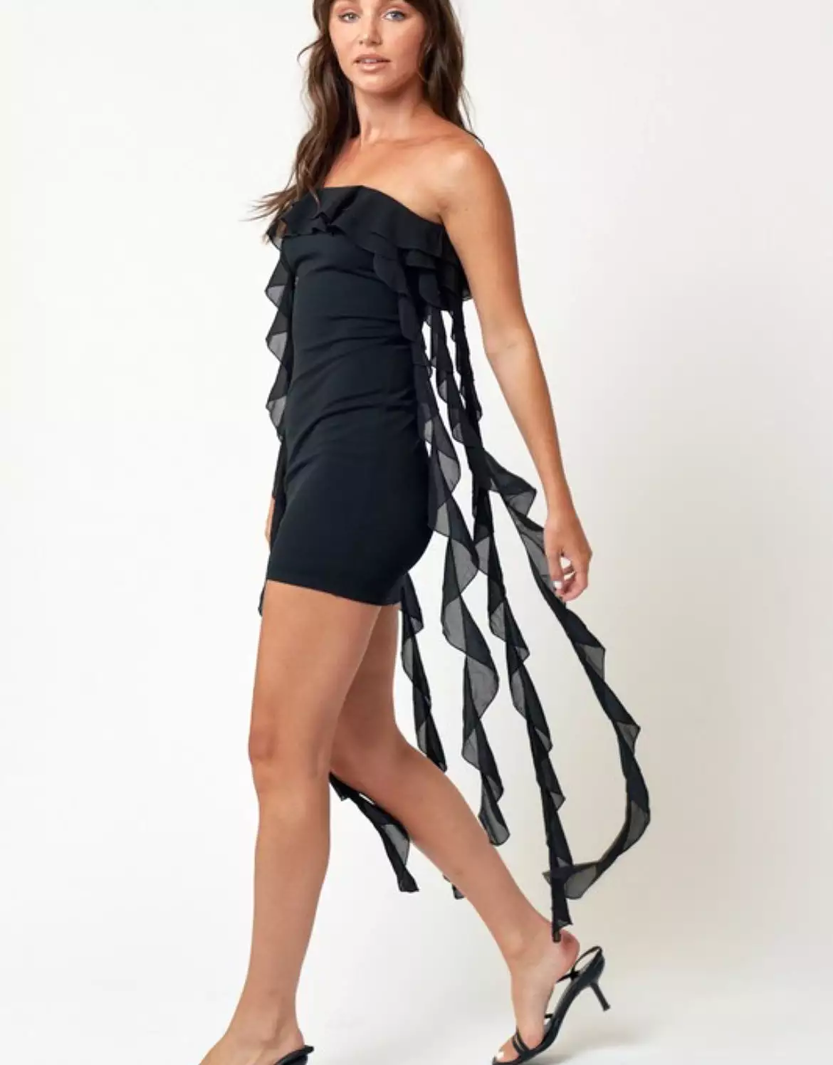 Salma tube black mini ruffle down  dress