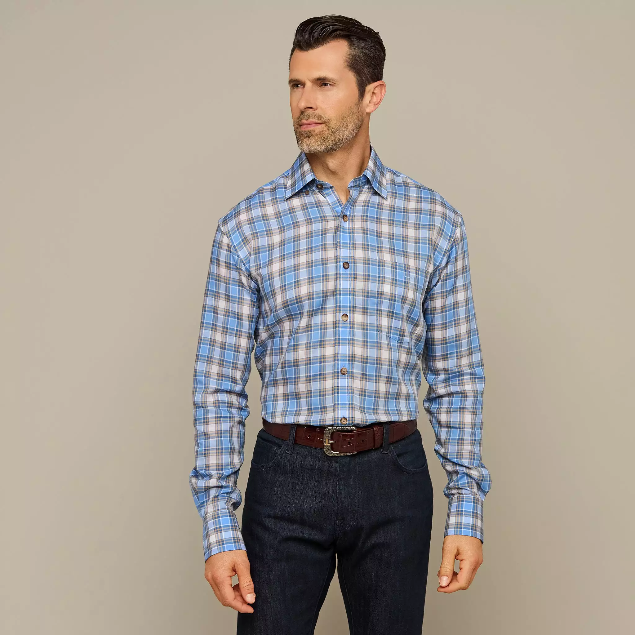 San Antonio :: Tencel Cornflower Blue And Khaki Check