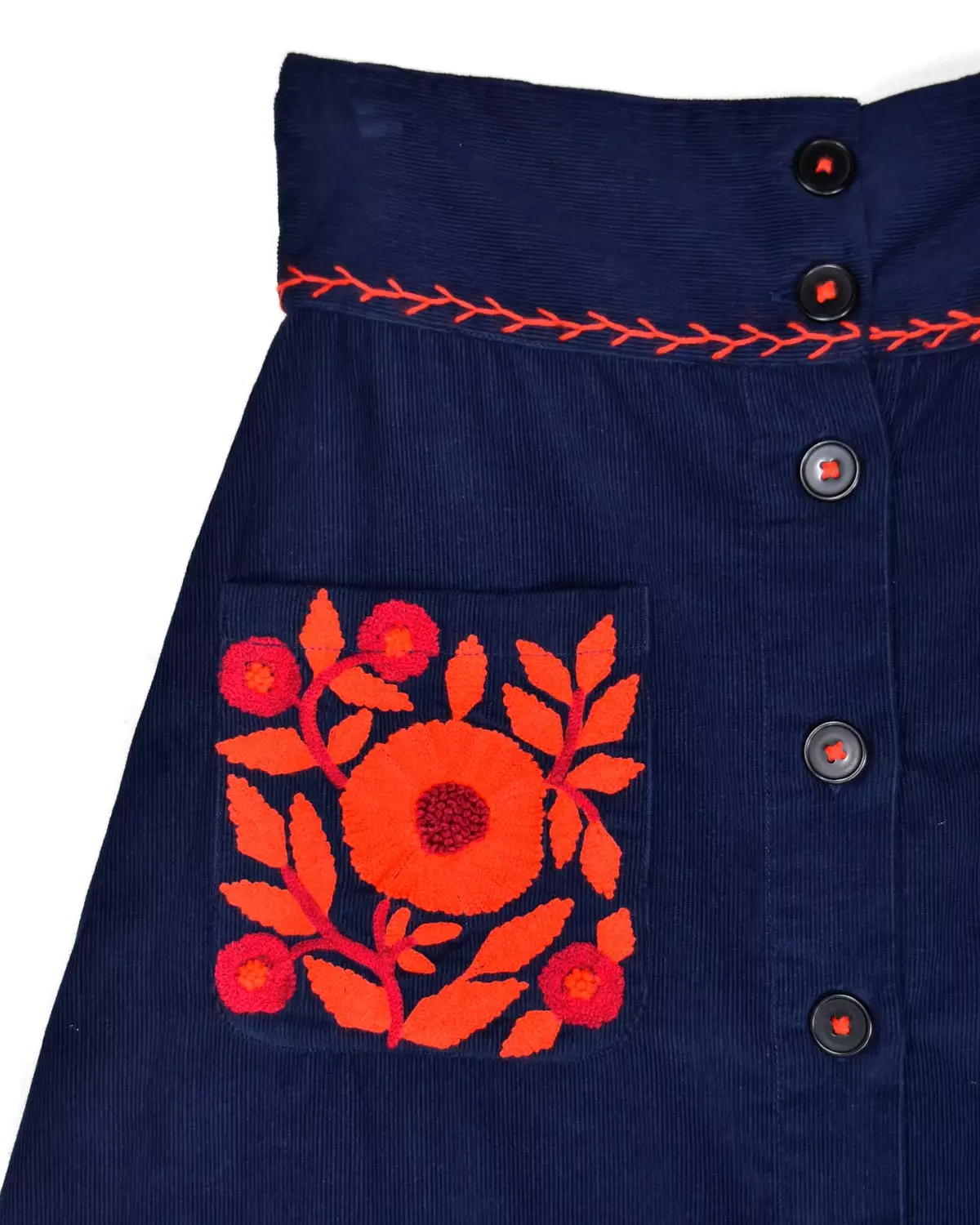 Thierry Colson Navy Corduroy Embroidered Floral Skirt