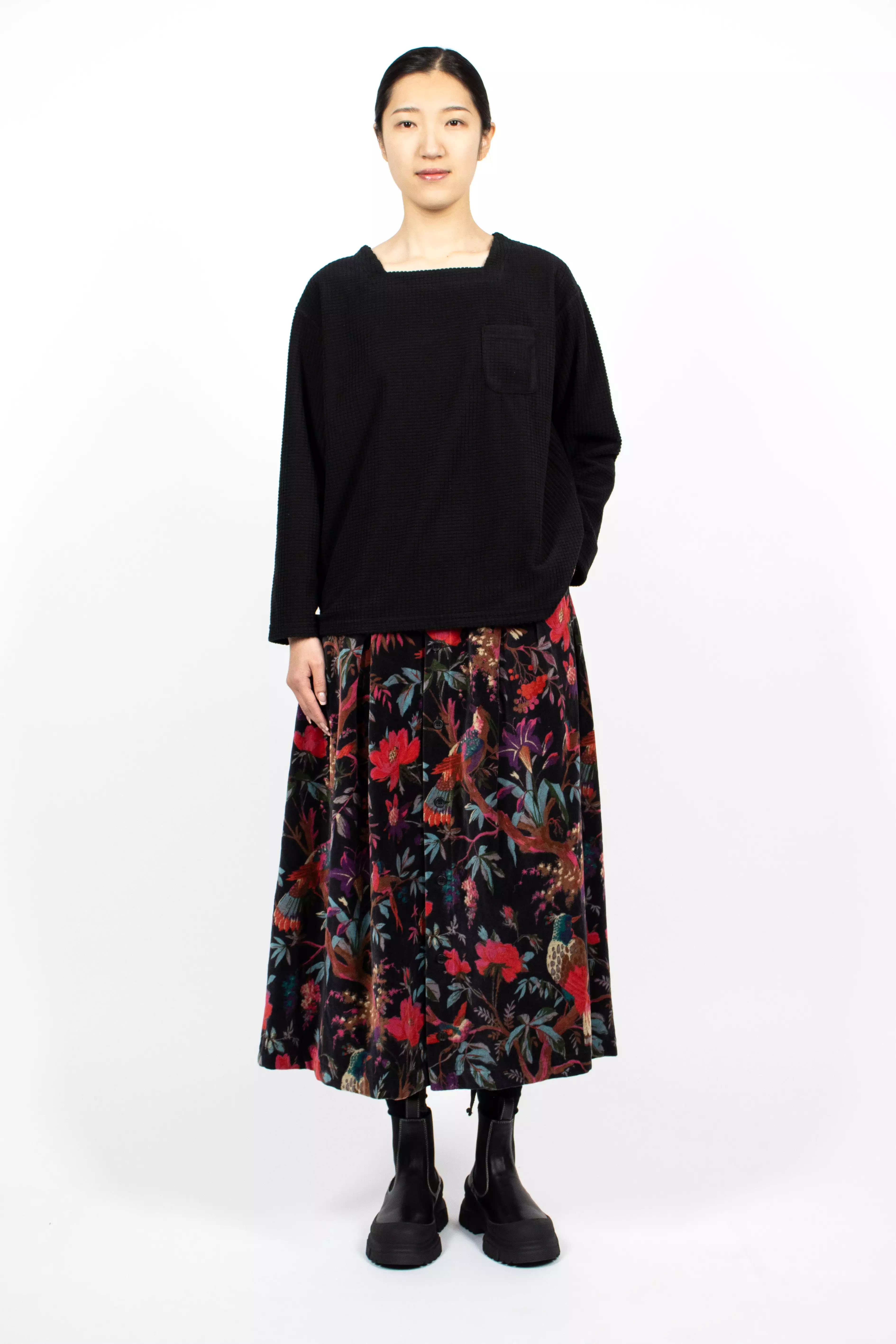 Tuck Velveteen Skirt Bird Print