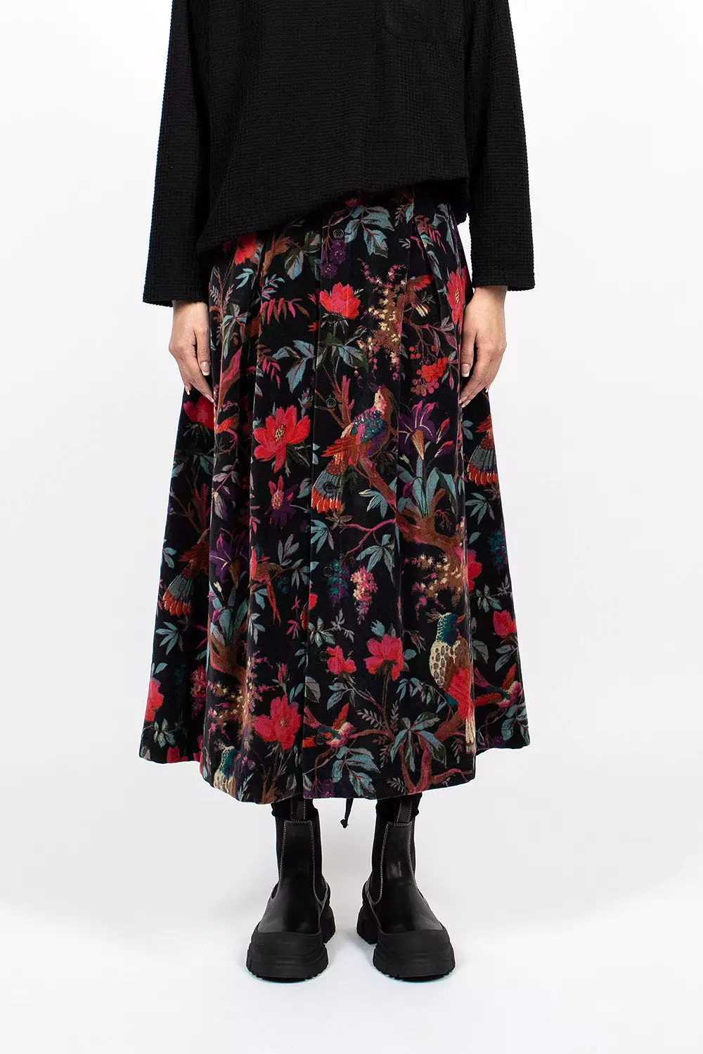 Tuck Velveteen Skirt Bird Print