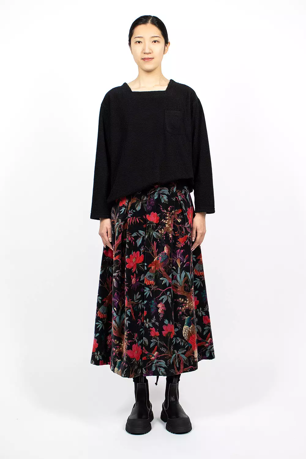 Tuck Velveteen Skirt Bird Print