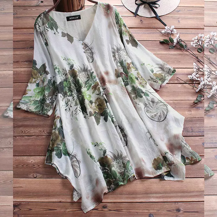 V-neck floral cotton and linen women's shirt tops