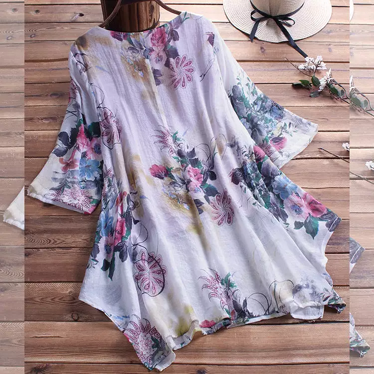 V-neck floral cotton and linen women's shirt tops