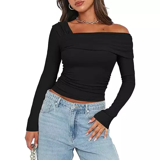 Women's One Shoulder Long Sleeve Top Ruffled Shirt