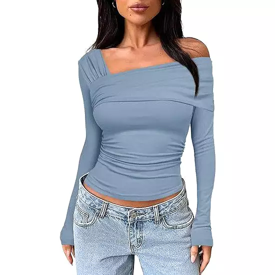 Women's One Shoulder Long Sleeve Top Ruffled Shirt